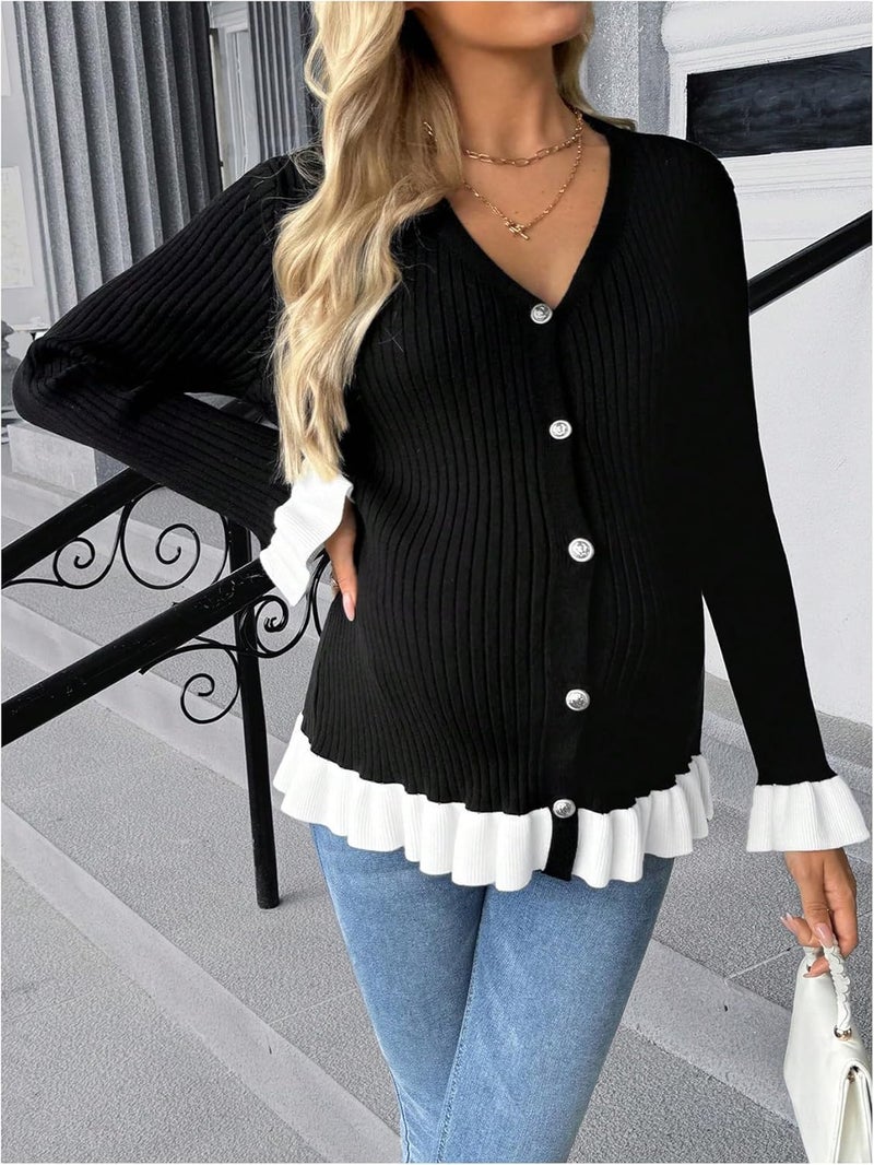 MakeMeChic Women's Maternity Sweater Color Block Bell Sleeve Button Down Ruffle Pregnancy Cardigan - Image 5